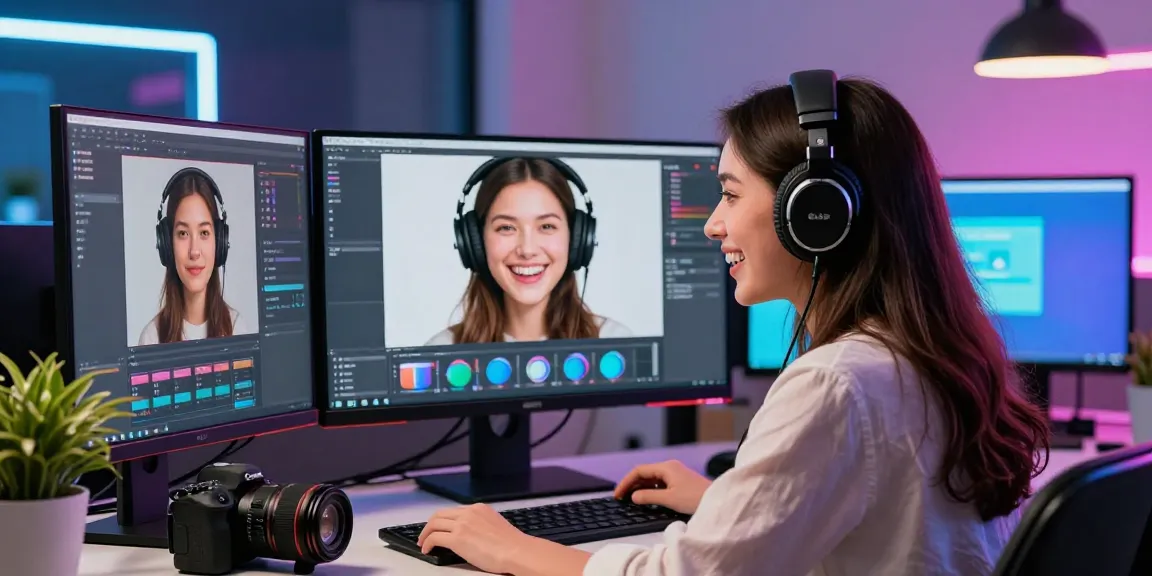 KI Gesichtstausch Demonstration mit junger Frau in digitalem Studio.