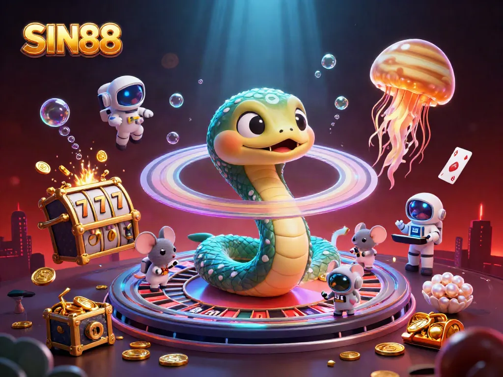 Engage in dynamic betting experiences with SIN88, featuring a snake roulette wheel and vibrant cosmic dealer.