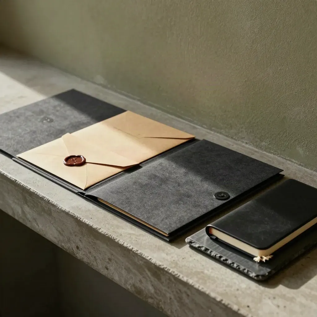 Charcoal-Folder, versiegelte Umschläge und schwarzes Notizbuch im kühlen Dunst.