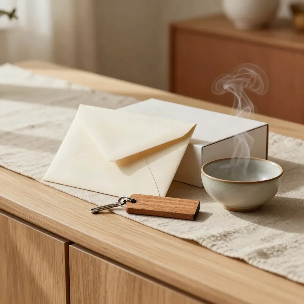 Onboarding-Kit mit Umschlag, Schlüsselanhänger, Kartenbox und Keramikschale auf hellem Holz