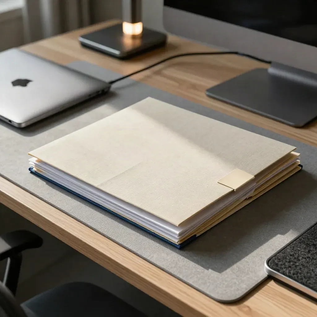 Geschlossener Laptop mit Angebotsordnern auf einem modularen Schreibtisch im ruhigen Büro.