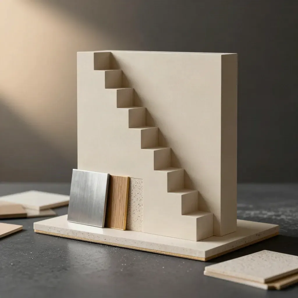 Architekturmodell mit Materialproben und Goldakzent auf dunklem Tisch