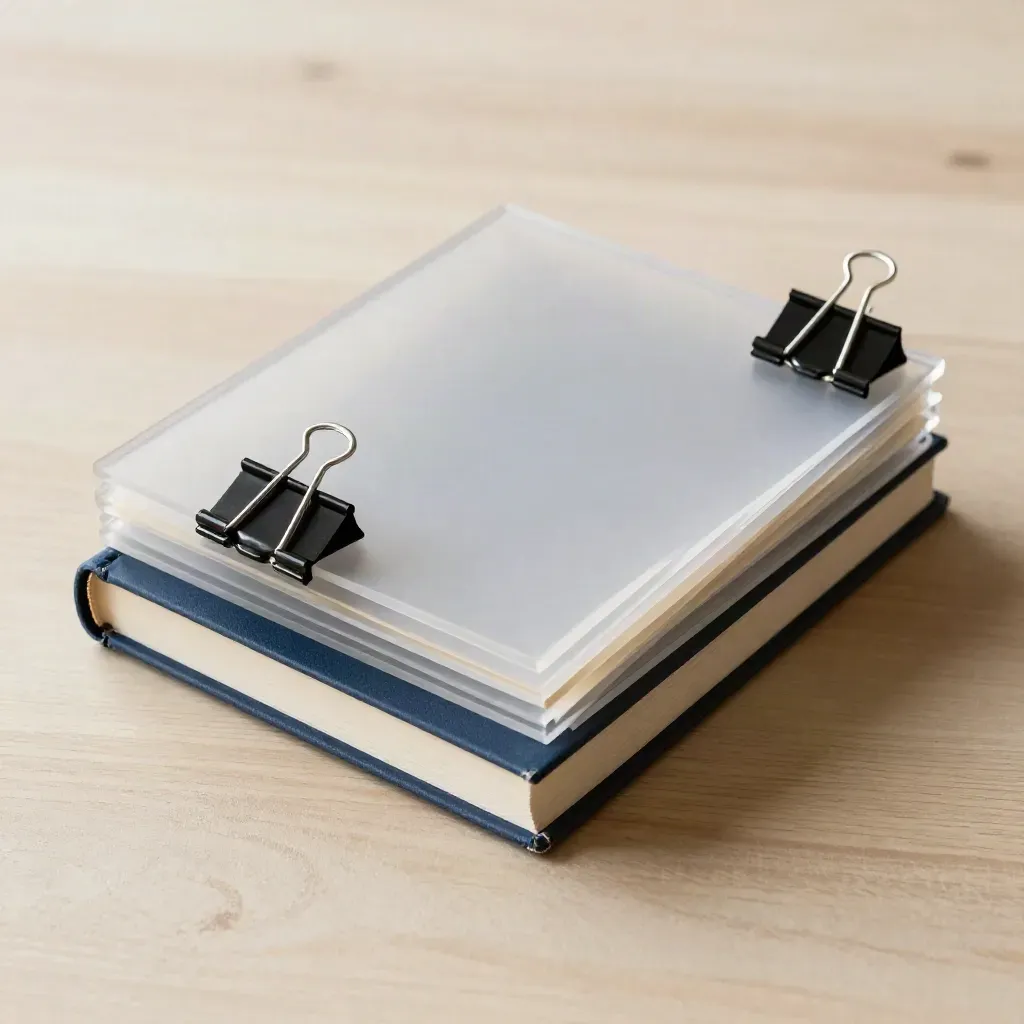 Transparente Register, schwarze Binderclips und ein Notizbuch auf hellem Holz.