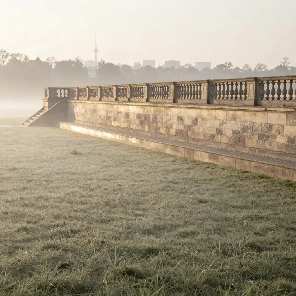 Sanssouci-Terrassen über nebliger Wiese mit ferner Berliner Skyline im Morgenlicht