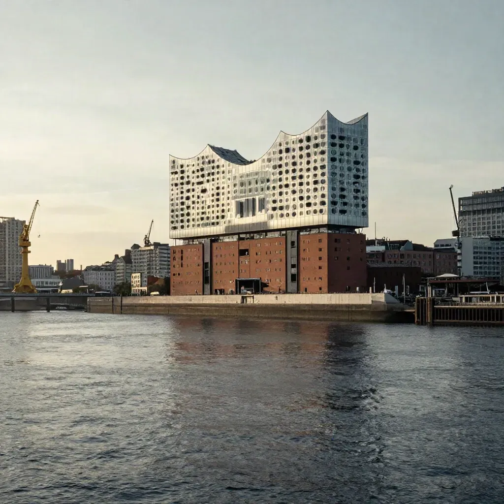 Elbphilharmonie und Hafenkräne über ruhigem Wasser in warmem Abendlicht