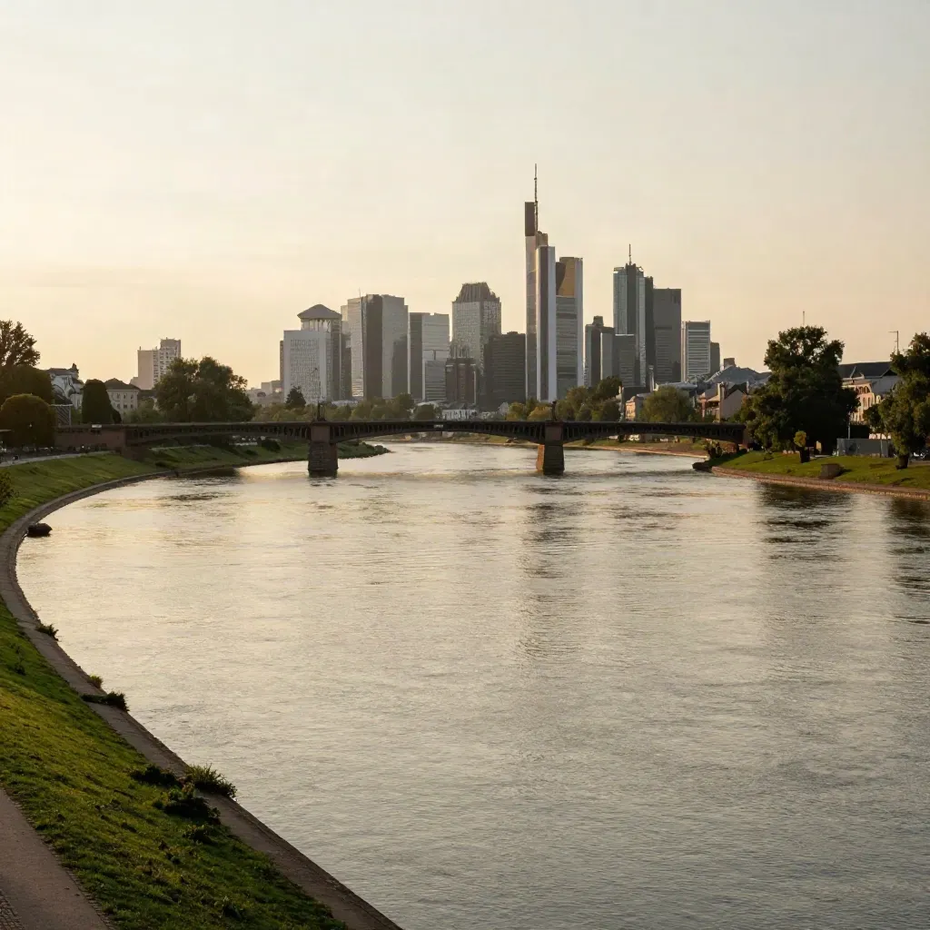 Frankfurter Skyline am Main bei Sonnenuntergang mit Brücke und ruhigem Wasser