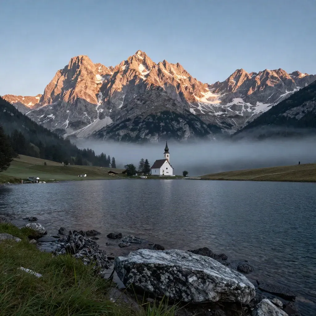 Alpensee im Blau nach dem Sturm mit Zugspitze, kleiner Kirche und ruhiger Fläche für Text.