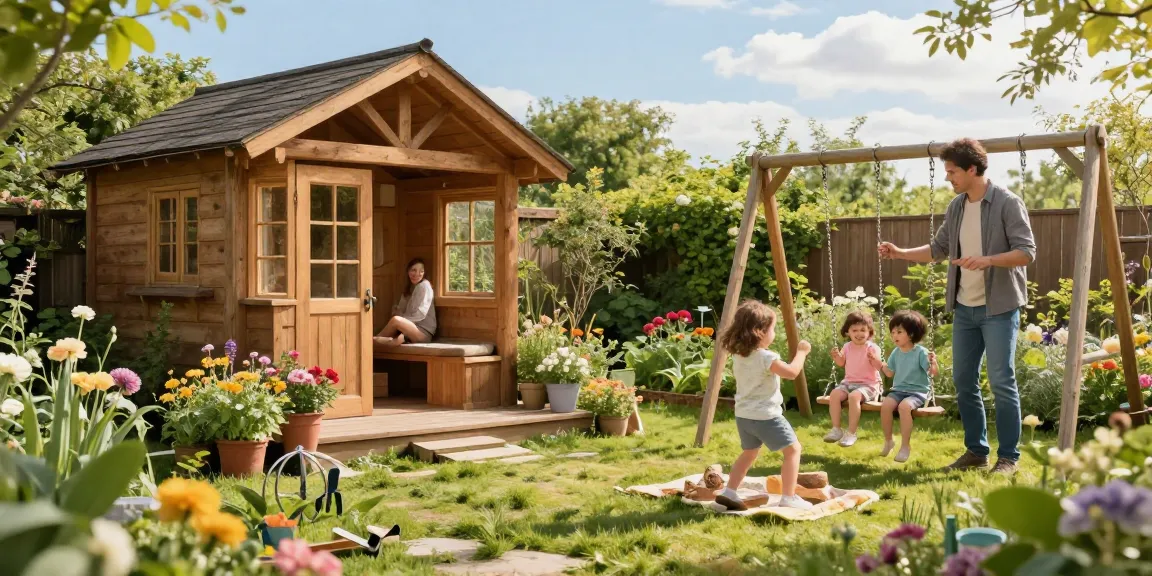 Wunderschönes Gartenhaus umgeben von Blumen und einer spielenden Familie im Garten.