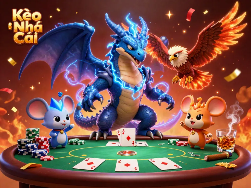 Experience the thrill of Kèo Nhà Cái with dynamic characters amidst poker elements in a vibrant casino scene.
