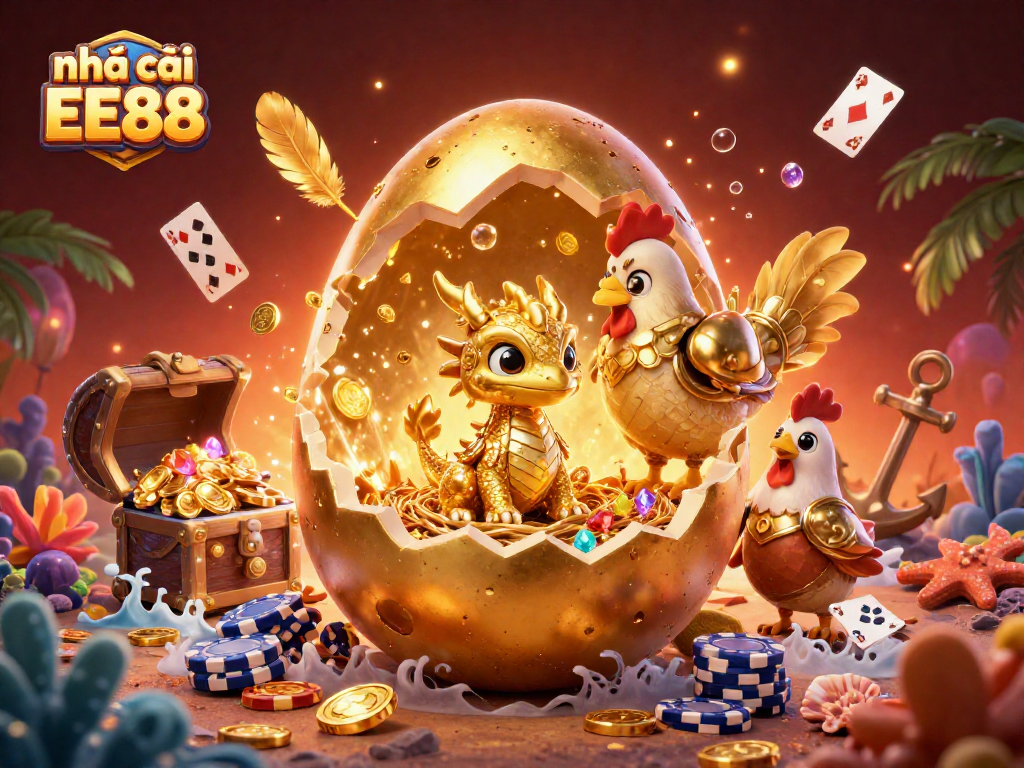 Engage with nhà cái EE88's vibrant online casino atmosphere showcasing a golden dragon amidst poker chips.