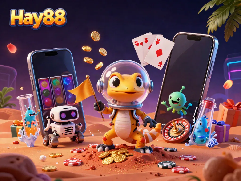 Experience Hay88's excitement with a cartoon Martian gecko discovering a golden casino on Mars.