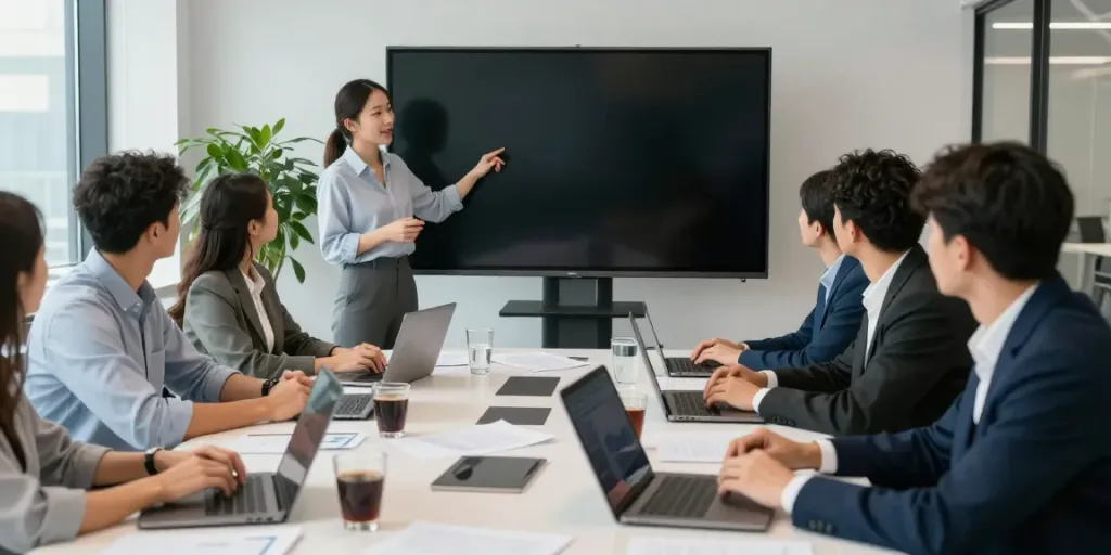 Equipo colaborando en una oficina moderna sobre análisis financieros de bbva es.
