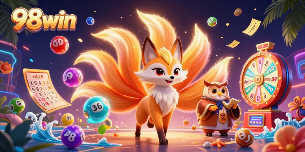 Experience the thrilling games of 98win, surrounded by lottery balls and magical characters.