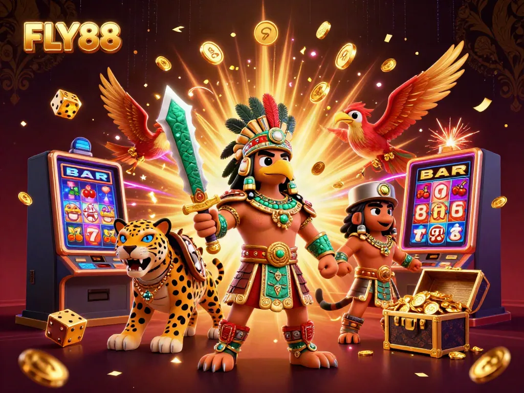 Engage with the vibrant FLY88 gaming experience through dynamic Aztec warriors and a jackpot scene.