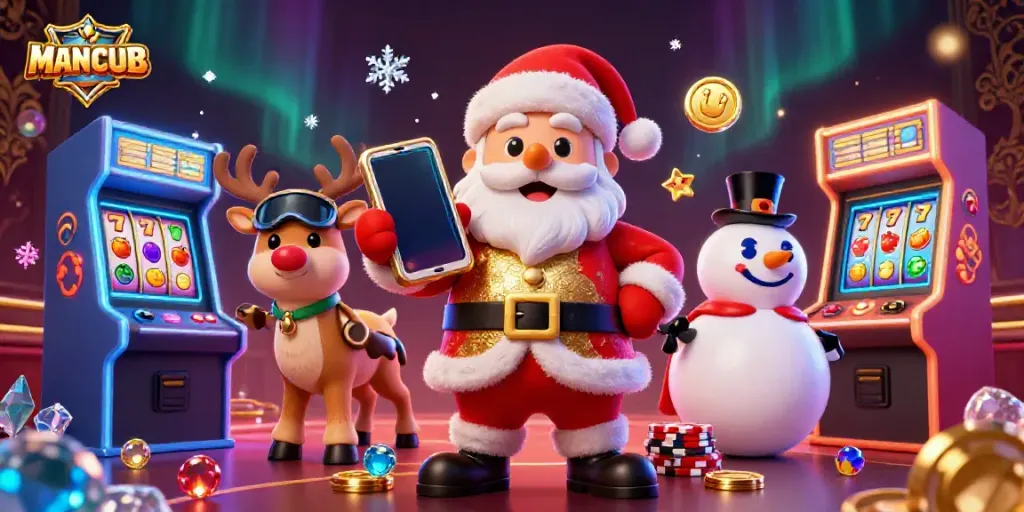 Engage in the MANCLUB gaming experience with vibrant casino characters and dynamic slot elements.