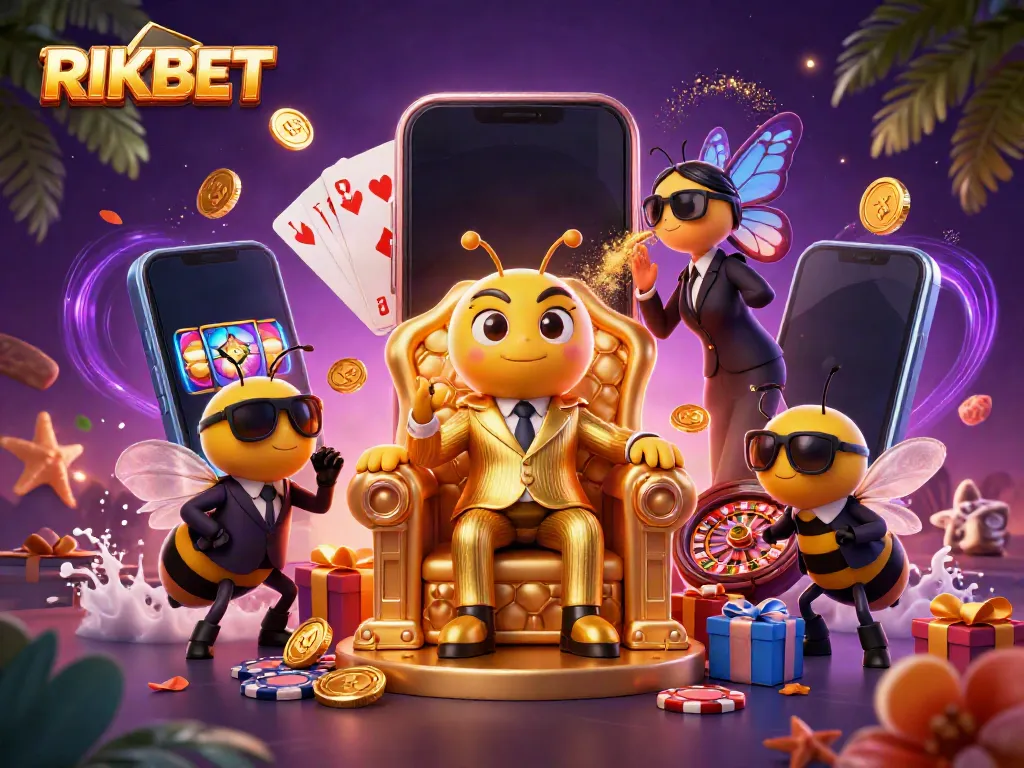 Engage in thrilling gameplay at RIKBET with a lively illustration featuring a bee mob boss and casino elements.
