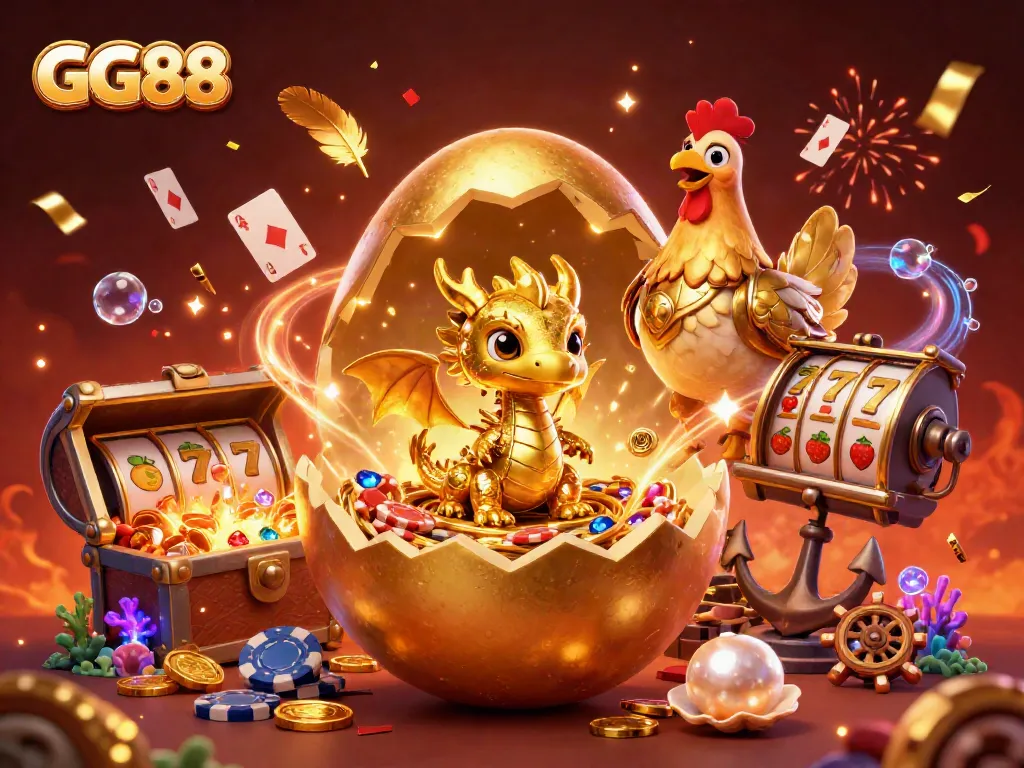 Win big with GG88 in this vibrant casino scene featuring a golden dragon and poker chips.