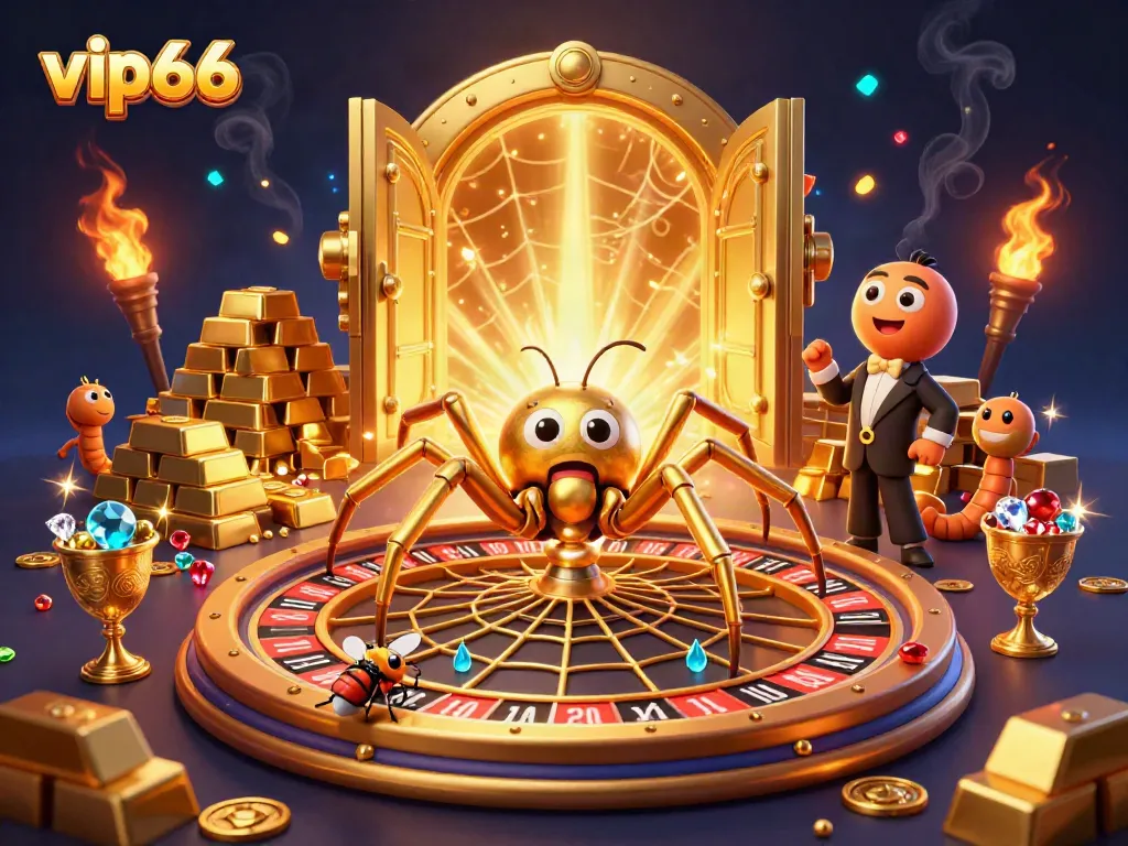 Betting action at vip66 casino with a golden spider's roulette web and sparkling treasure