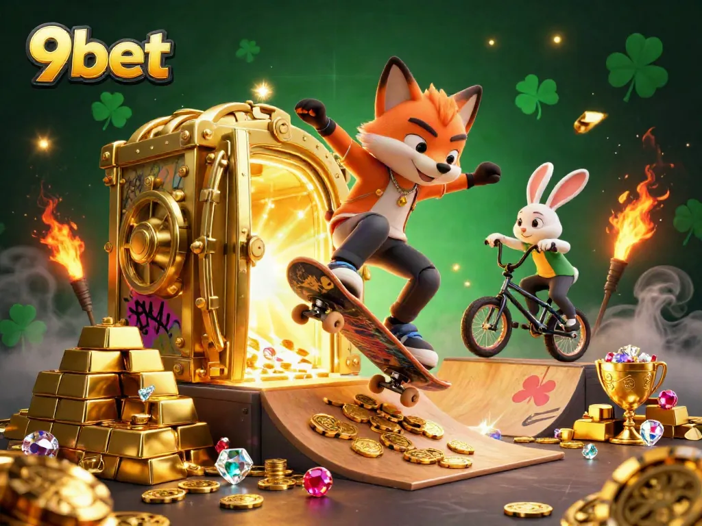Engage with 9bet's thrilling gaming universe featuring a skateboarder fox and a BMX rabbit amidst golden treasures.
