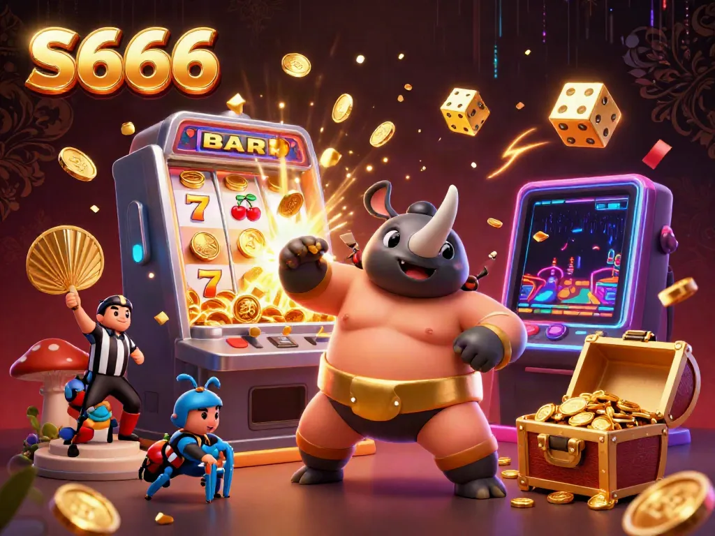 Experience the excitement of S666 with a dynamic 3D illustration featuring a battling beetle and a jackpot explosion.