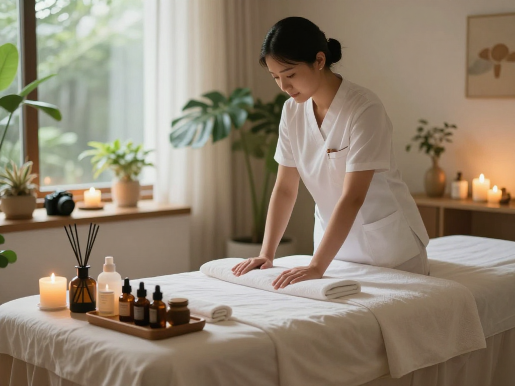 안산출장안마 in a soothing massage therapy room with calming atmosphere and professional therapist.