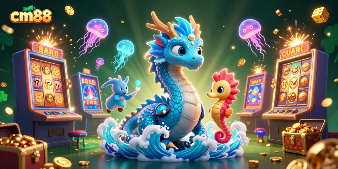 Engage in thrilling slots with the cm88 cartoon dragon and knight amidst jackpot explosions and vibrant gameplay.