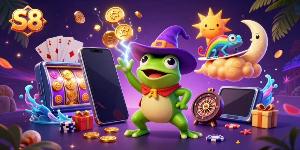 Experience thrilling winnings with S8 in a vibrant scene of magic and casino excitement.