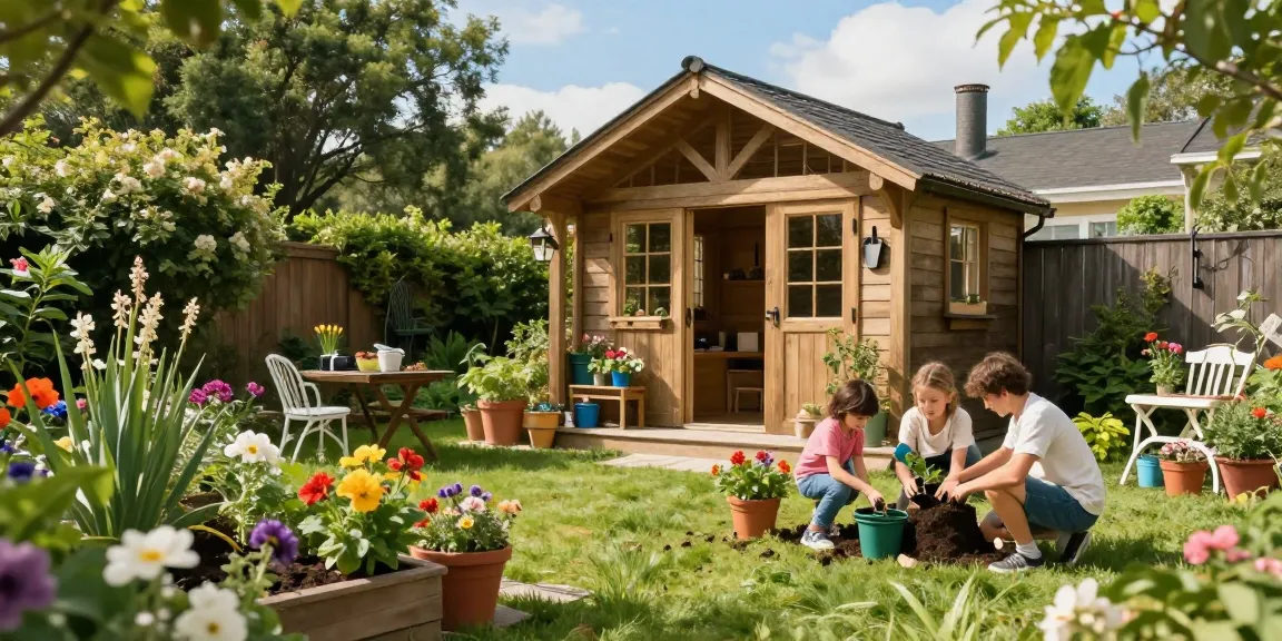 Gartenhaus Holz im blühenden Garten mit Familie beim Pflanzen.