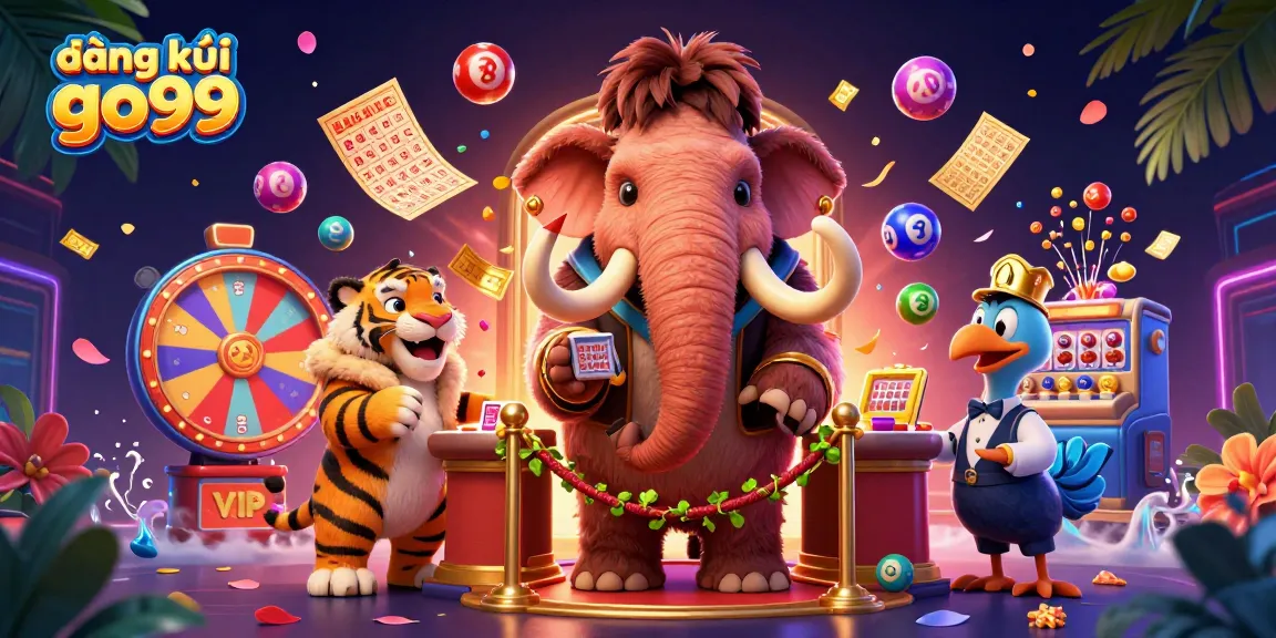 Experience đăng ký go99 with an engaging scene of casino characters and vibrant lottery elements.