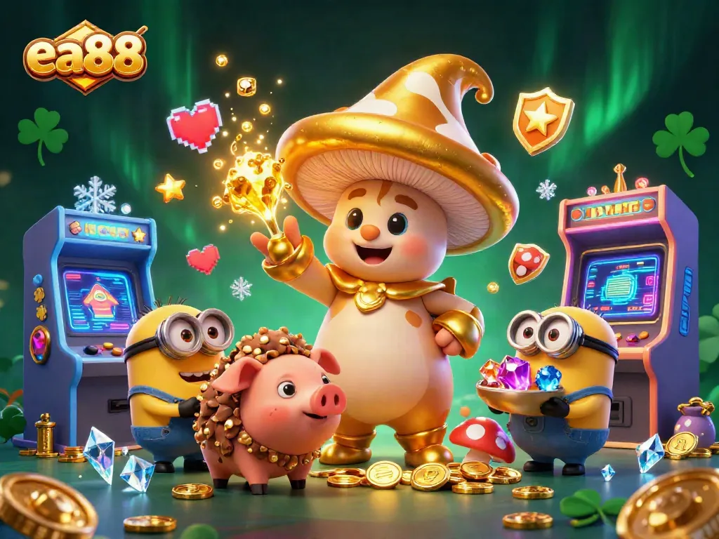 Join the fun at ea88 with a golden mushroom wizard, treasure, and vibrant casino elements!