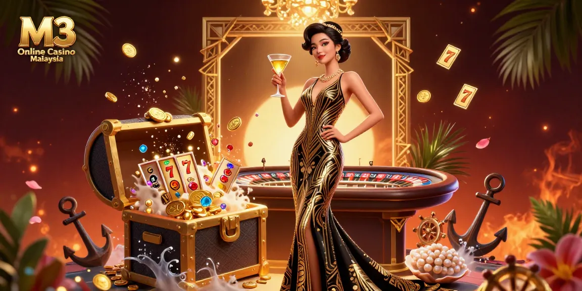 Play at M3 Online Casino Malaysia with vibrant slots and luxury ambiance in an ornate setting.
