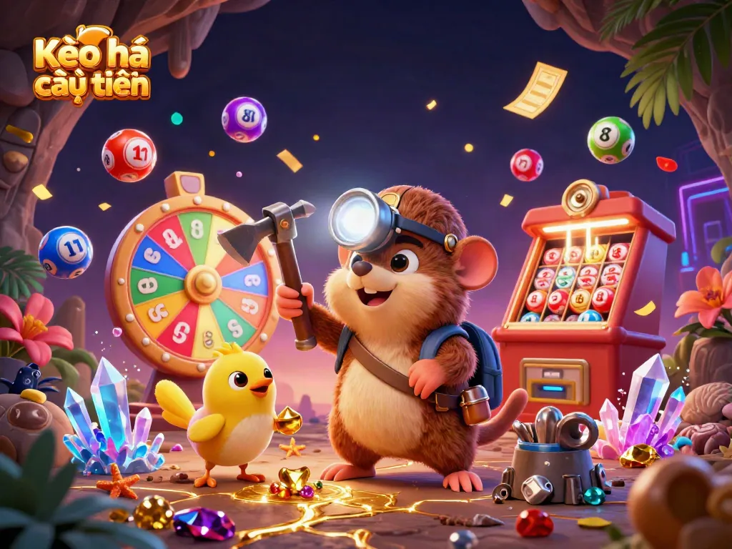 Engage with Kèo nhà cái trực tuyến in a vibrant 3D scene featuring a treasure hunter mole and dynamic lottery elements