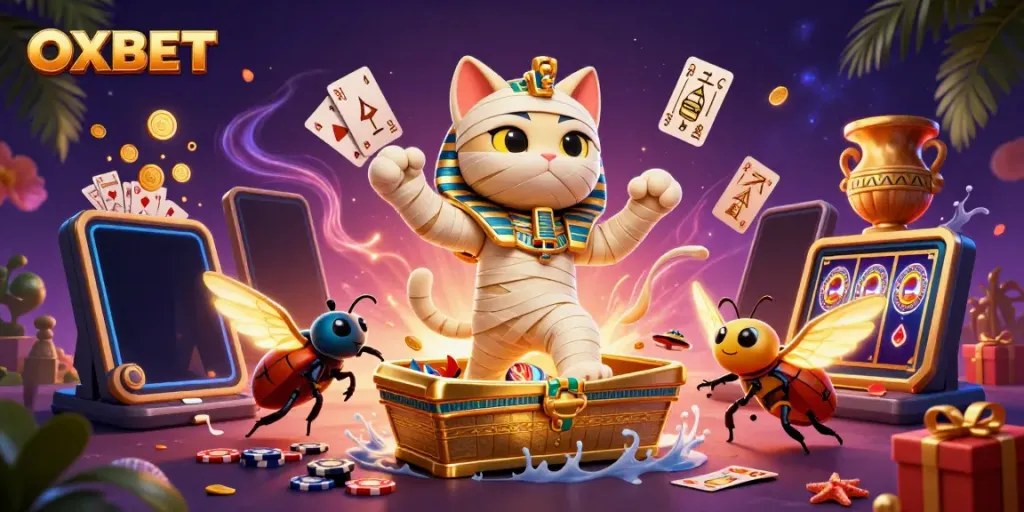 Experience the vibrant casino adventure at OXBET with a cartoon mummy cat and golden elements.
