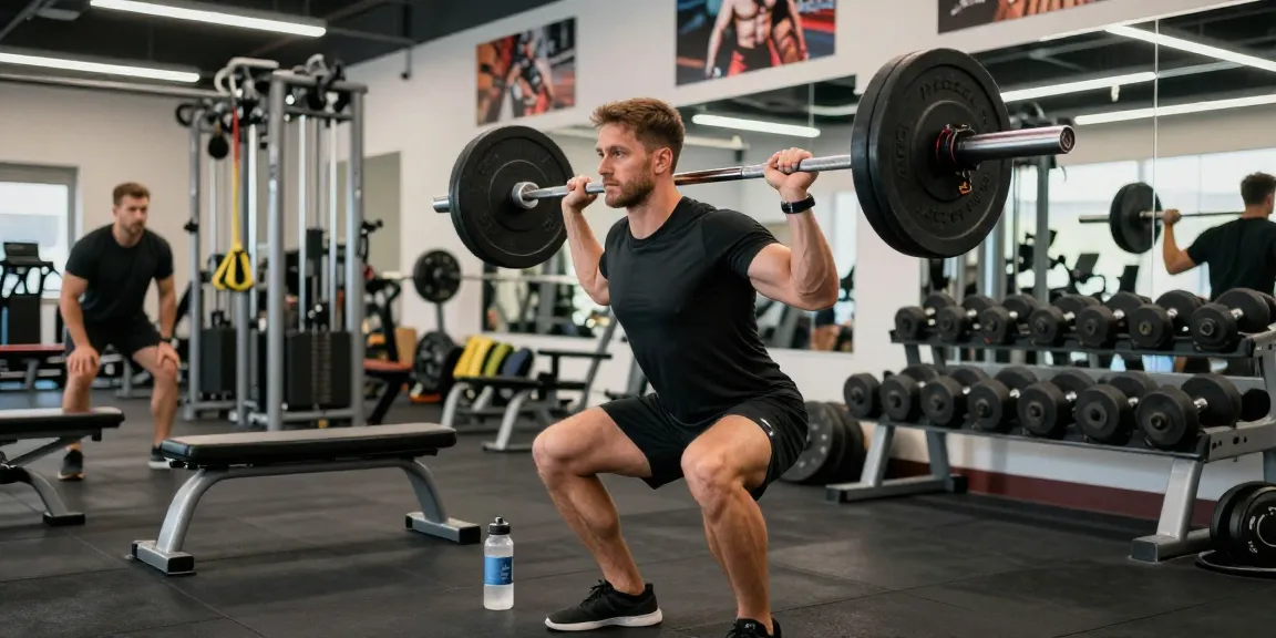 Sportlicher Mann beim Gewichtheben in einem modernen Fitnessstudio, der Prime Pharma Steroide für verbesserte Leistung und Muskelwachstum präsentiert.