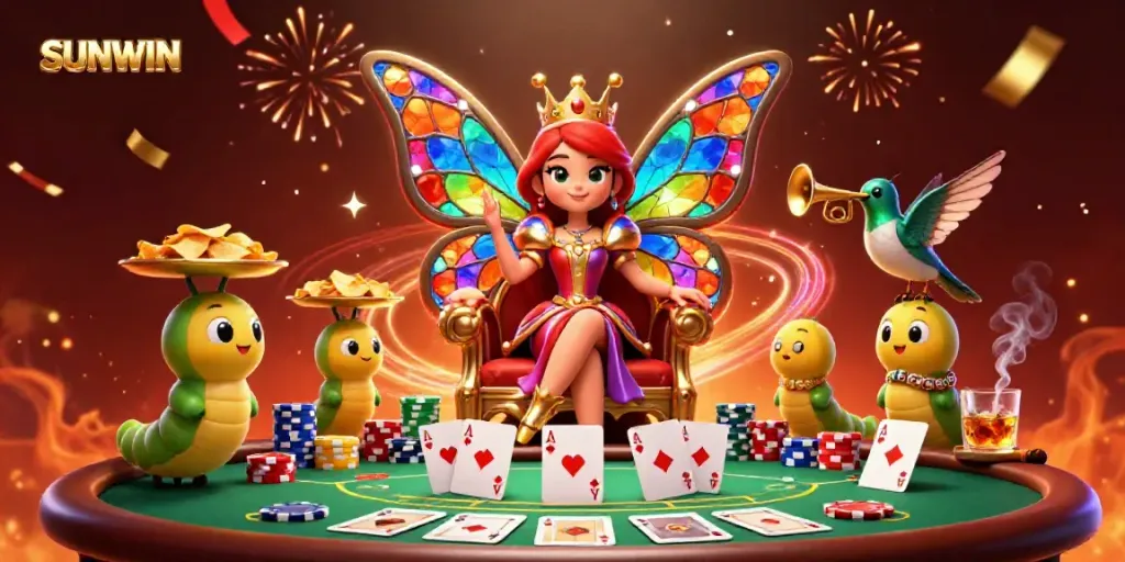 Engage in exciting games at SUNWIN with a vibrant casino scene featuring a butterfly queen.