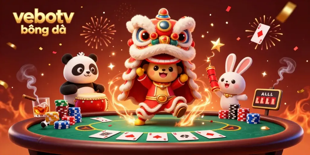 Experience vebotv bóng đá in a festive scene with a lion dance, panda, and exciting betting elements.