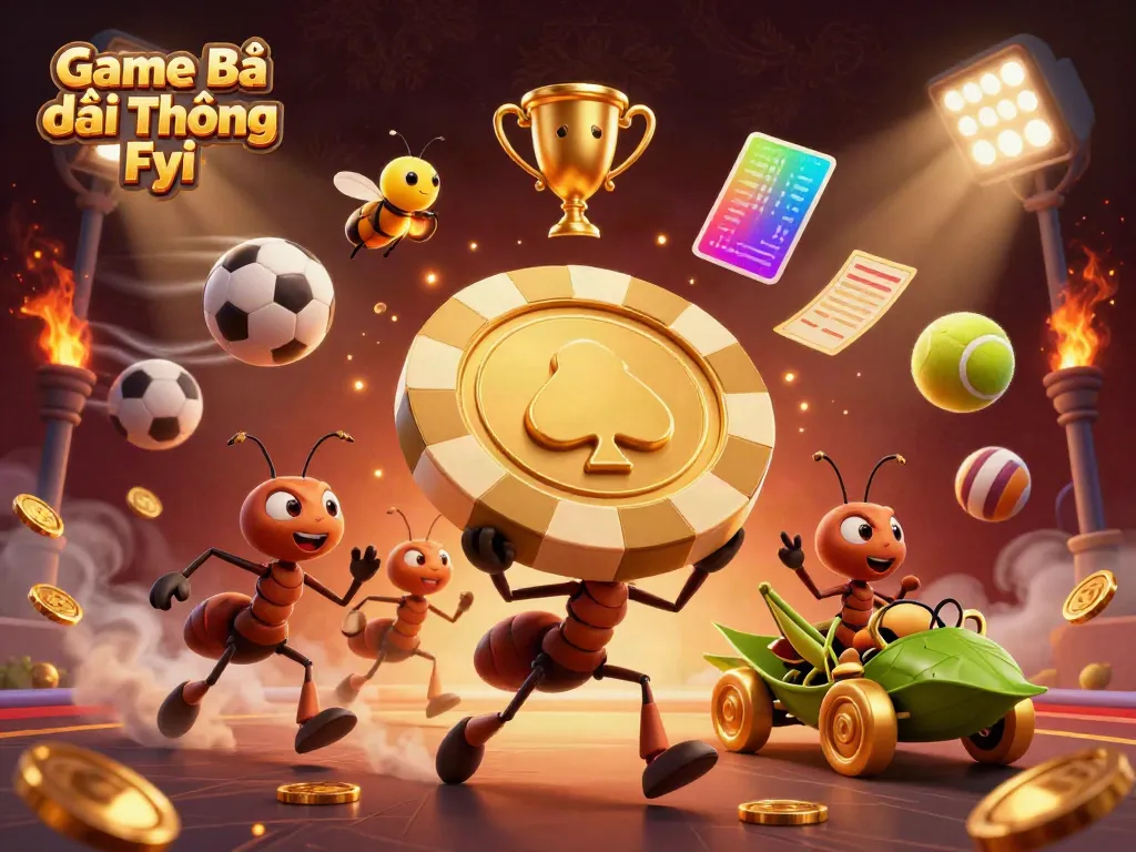 Engaging scene of ants and characters in a gambling adventure showcases Game Bài Đổi Thưởng Fyi.