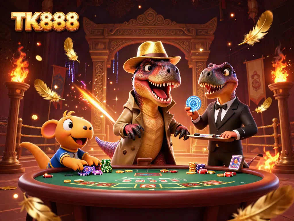 Watch a velociraptor at TK888 discreetly playing blackjack while being observed by a stegosaurus pit boss.