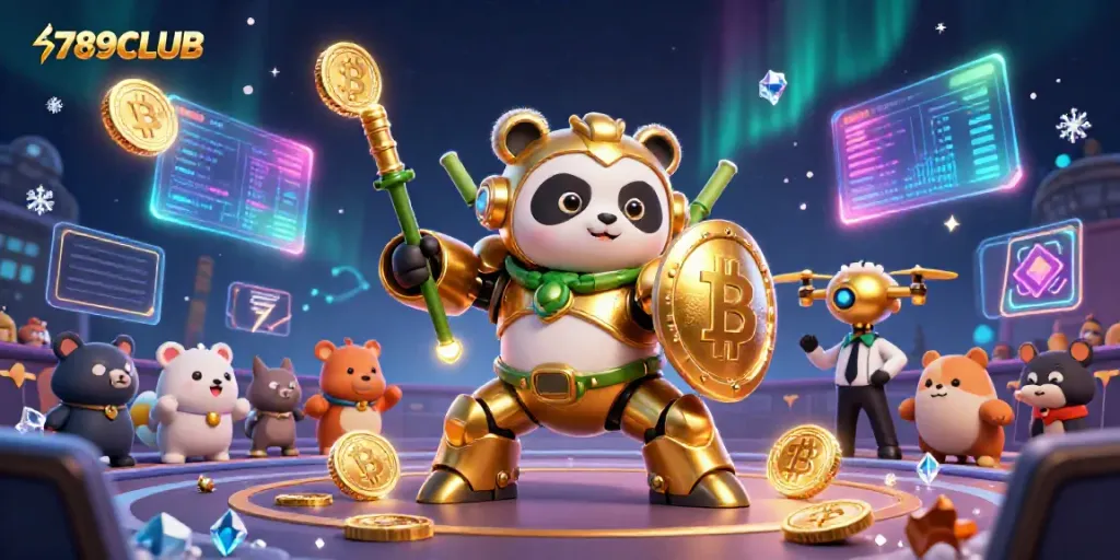 Experience the excitement of 789CLUB with a vibrant, dynamic 3D casino scene filled with crypto elements.