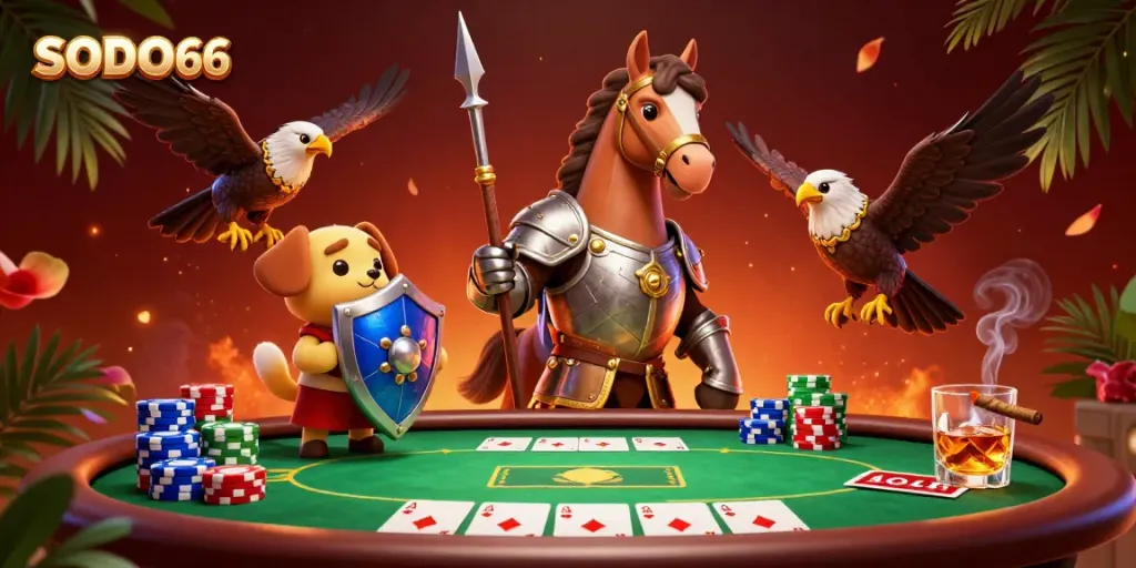 SODO66 knights engage in high-stakes poker surrounded by vibrant casino elements in this captivating illustration.