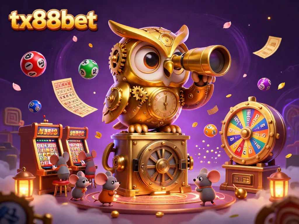 Experience the excitement of tx88bet with a vibrant casino scene featuring a golden owl and playful mice.