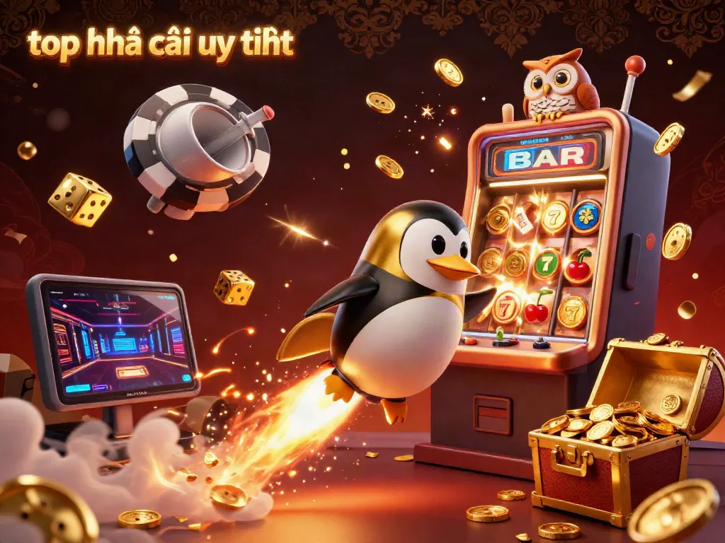 Experience top nhà cái uy tín with vibrant visuals of a golden penguin and casino elements.