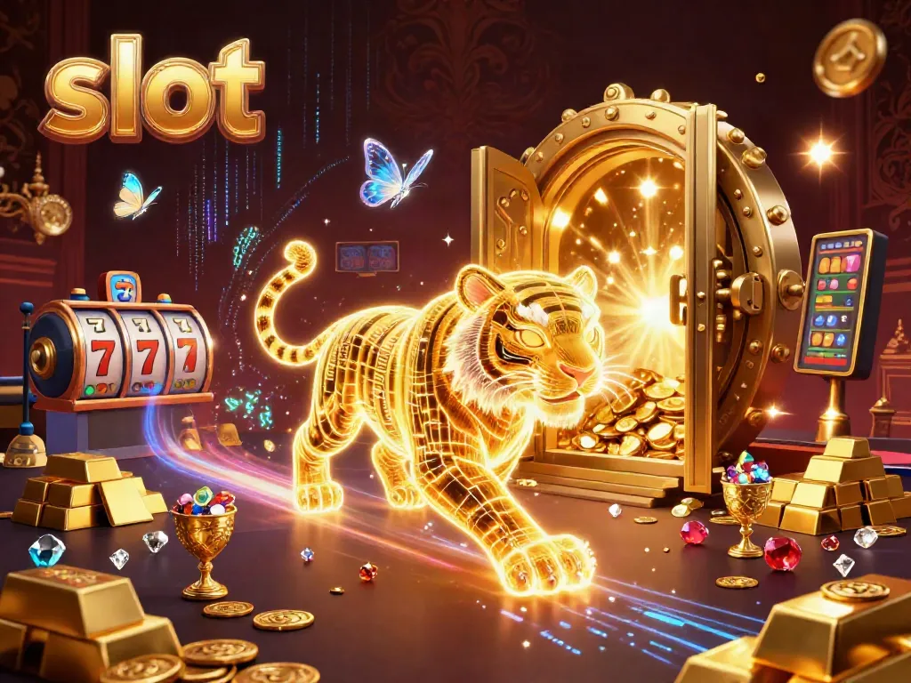 Experience the slot action with vibrant casino elements and a golden tiger illuminating the gaming floor.