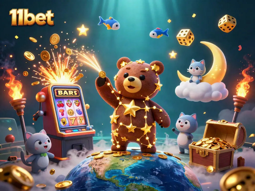 Win big with 11bet as a golden bear reaches for coins amid vibrant casino games and jackpots.