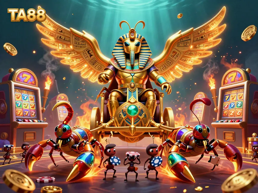 TA88 brings big wins with a colossal gold scarab beetle amidst vibrant casino elements.