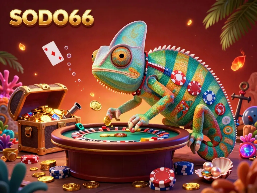 Catch the excitement at SODO66 with a vibrant chameleon owner amidst shimmering gold coins and casino elements.