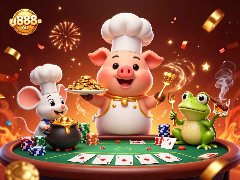 Play to win with u888com biz in a vibrant casino scene featuring a chef pig, sous-chef mouse, and critic frog.