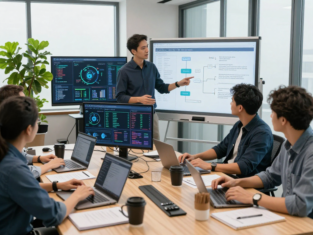 IT Sicherheit für Unternehmen: Ein Team von Cybersicherheitsexperten arbeitet zusammen an Sicherheitsstrategien in einem modernen Büro.