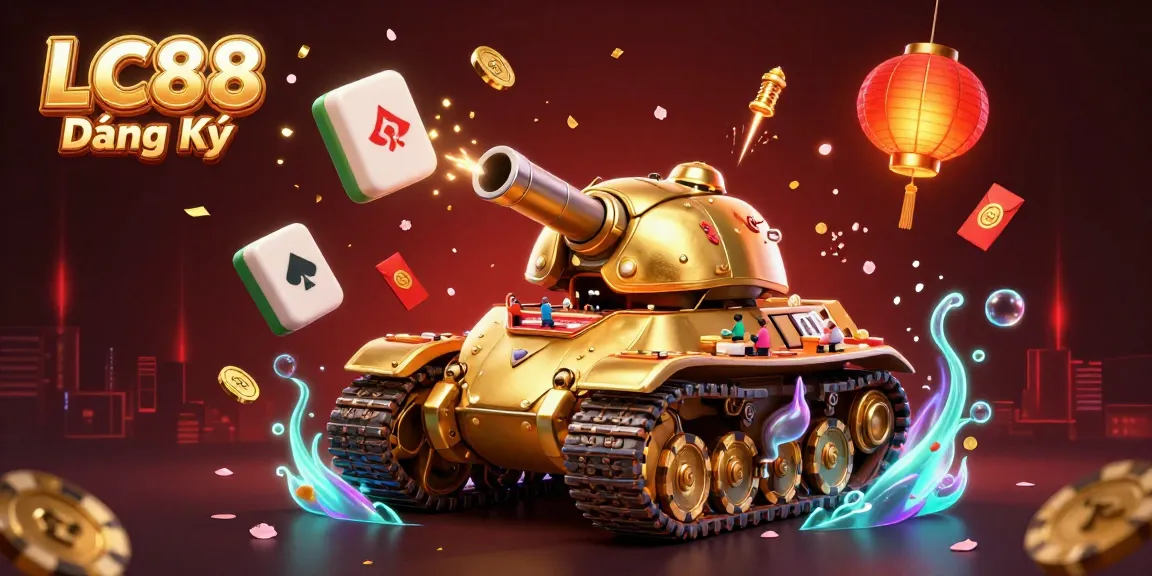 Engage in thrilling gameplay at LC88 Đăng Ký with a vibrant 3D casino scene featuring fun games and elements surrounded by gold.