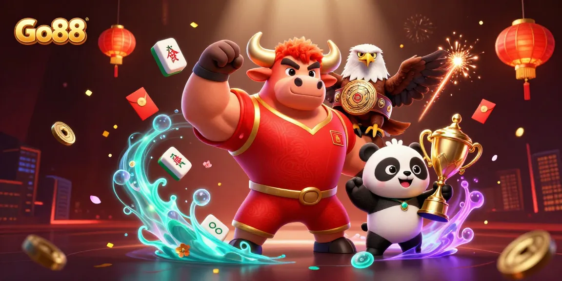 Go88 showcases a vibrant 3D casino scene with a bull mascot, eagle, and panda celebrating wins.